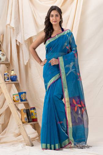 Traditional Blue Soft Dhakai Jamdani Saree