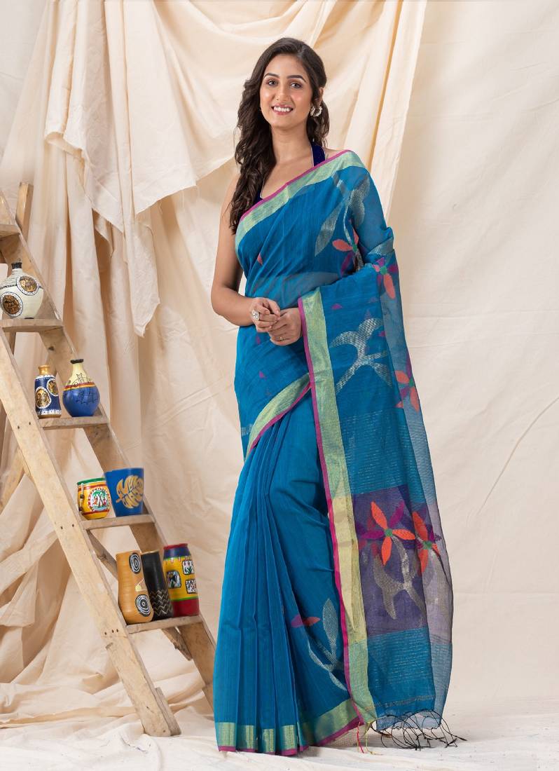 Traditional Blue Soft Dhakai Jamdani Saree
