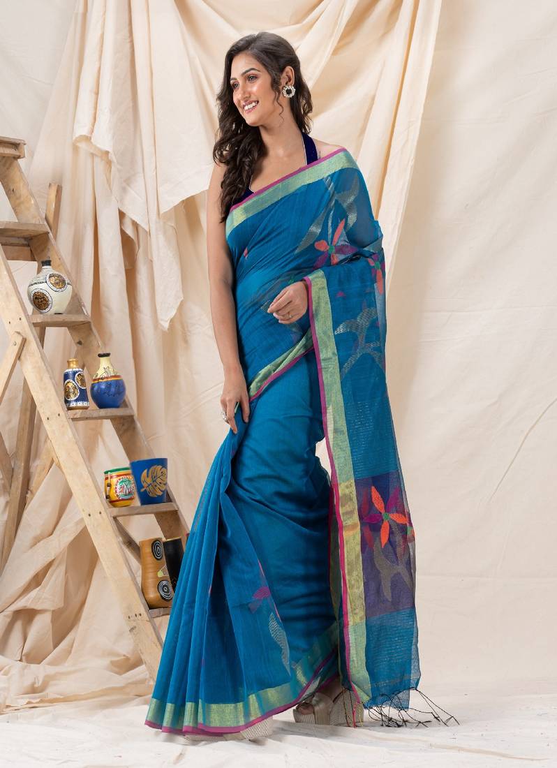 Traditional Blue Soft Dhakai Jamdani Saree