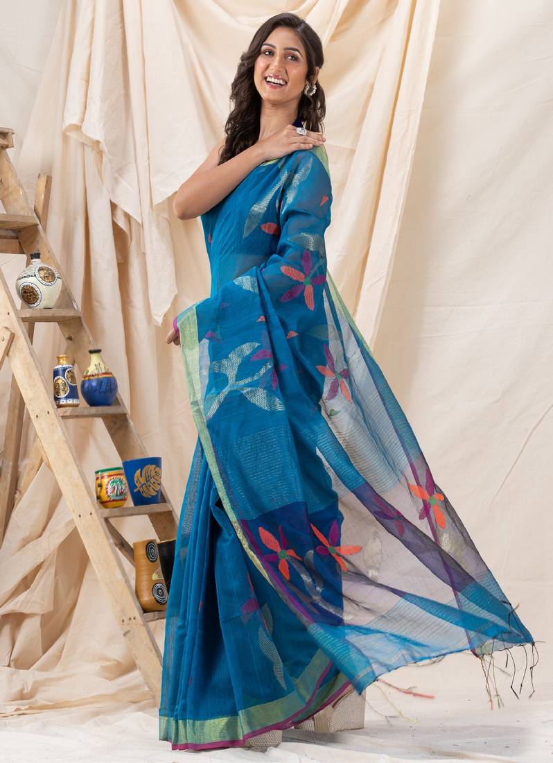 Traditional Blue Soft Dhakai Jamdani Saree