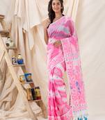 Traditional White Pink Soft Dhakai Creeper Jamdani Saree Without Blouse