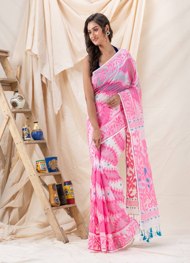 Traditional White Pink Soft Dhakai Creeper Jamdani Saree Without Blouse