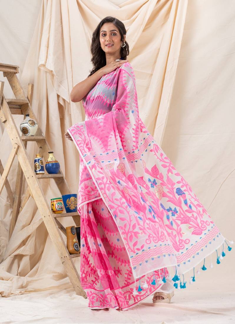 Traditional White Pink Soft Dhakai Creeper Jamdani Saree Without Blouse