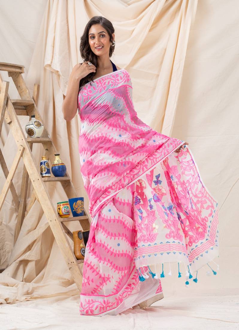 Traditional White Pink Soft Dhakai Creeper Jamdani Saree Without Blouse