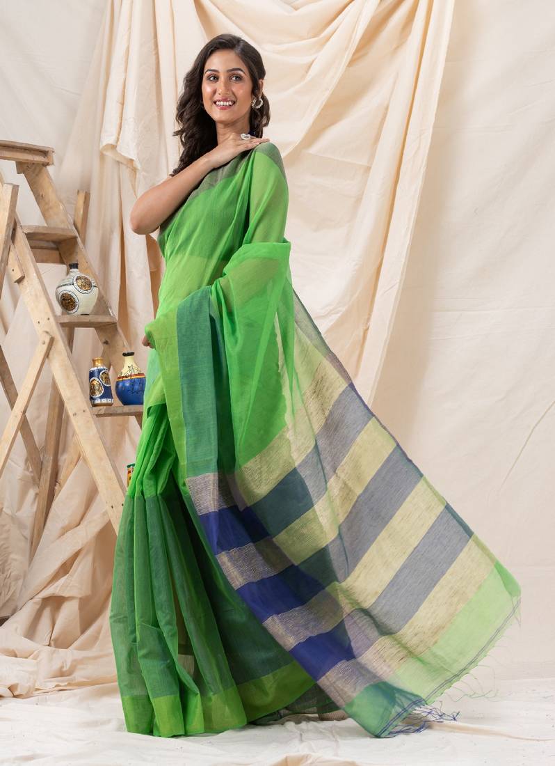 Traditional Green Cotton Blend Handloom Saree