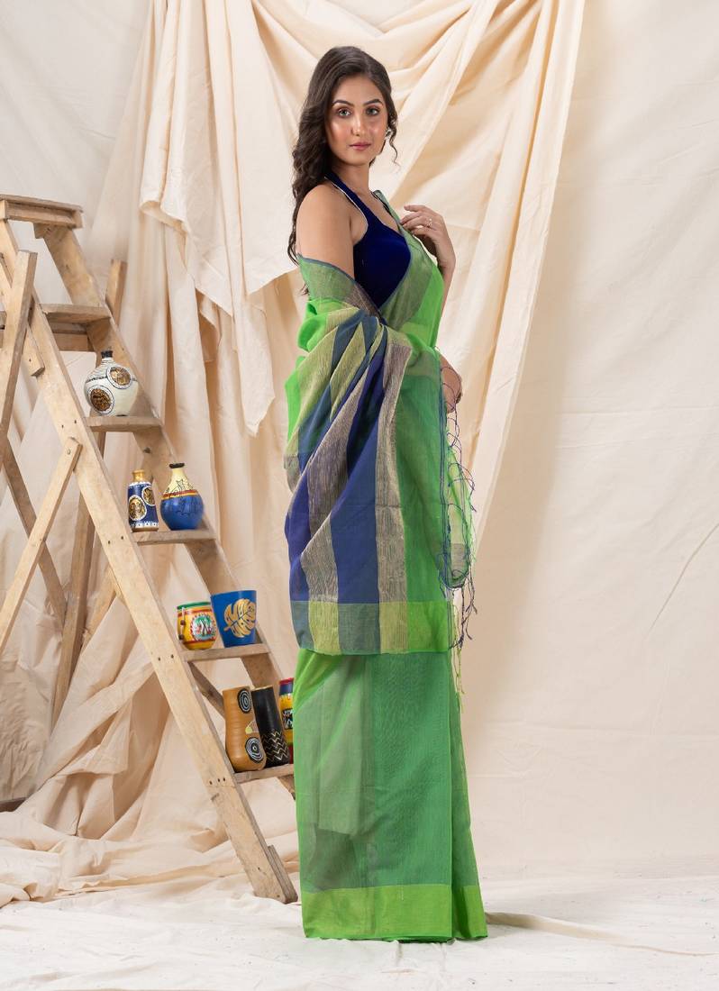 Traditional Green Cotton Blend Handloom Saree