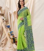 Traditional Parrot Green Soft Dhakai Jamdani Saree Without Blouse