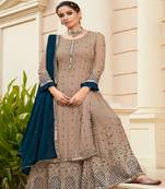 Chikoo color embroidered faux georgette semi stitched sharara suit