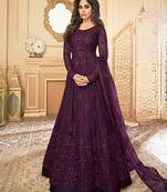Dark purple color embroidered net semi stitched salwar kameez