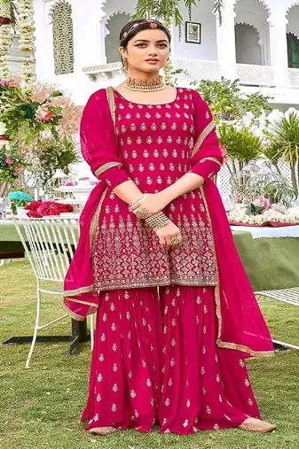 Dark Pink Georgette Embroidery Work Salwar Suit