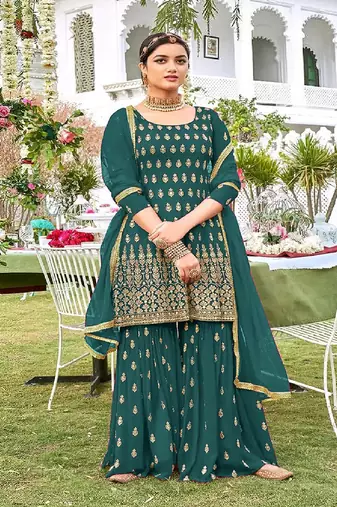 Teal Georgette Embroidery Work Salwar Suit