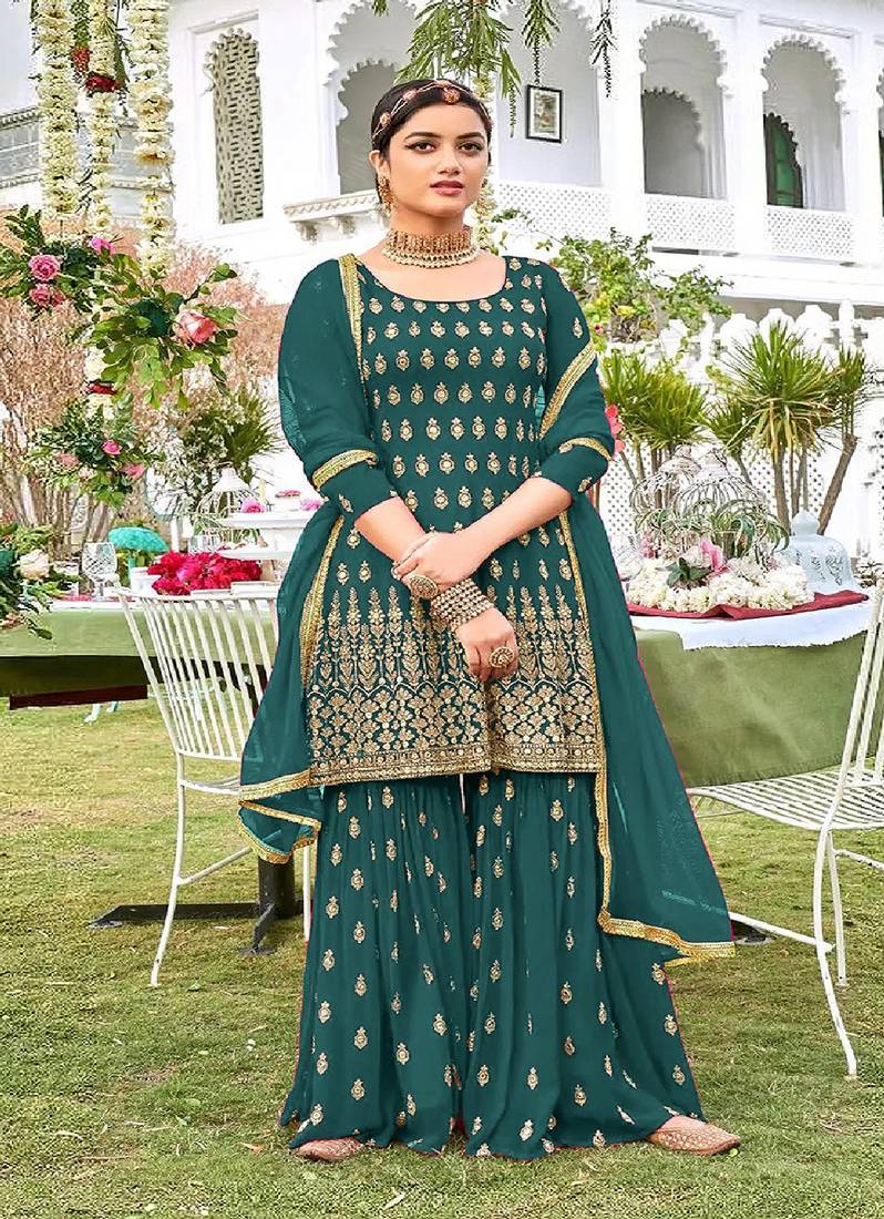 Teal Georgette Embroidery Work Salwar Suit