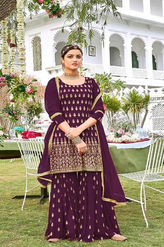 Dark Purple Georgette Embroidery Work Salwar Suit