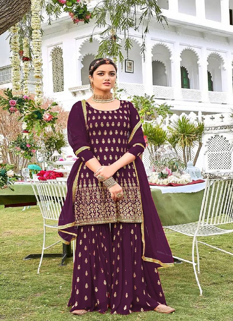 Dark Purple Georgette Embroidery Work Salwar Suit