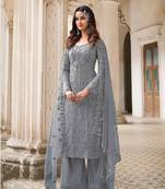 Designer Palazzo Suit Embroidered Net in Slate Grey