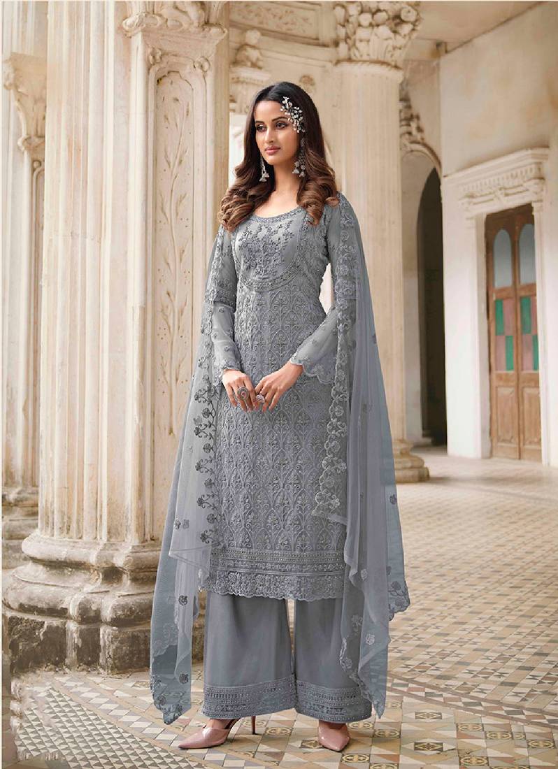 Designer Palazzo Suit Embroidered Net in Slate Grey