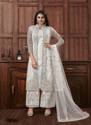 White Butterfly Net Mehndi Trendy Salwar Kameez 1