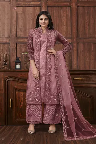 Mauve Butterfly Net Mehndi Trendy Salwar Kameez