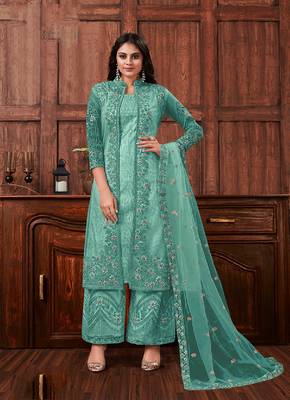 Sky Blue Butterfly Net Mehndi Trendy Salwar Kameez 1