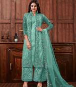 Sky Blue Butterfly Net Mehndi Trendy Salwar Kameez