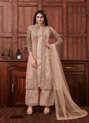 Beige Butterfly Net Mehndi Trendy Salwar Kameez 1