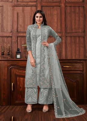 Grey Butterfly Net Mehndi Trendy Salwar Kameez 1