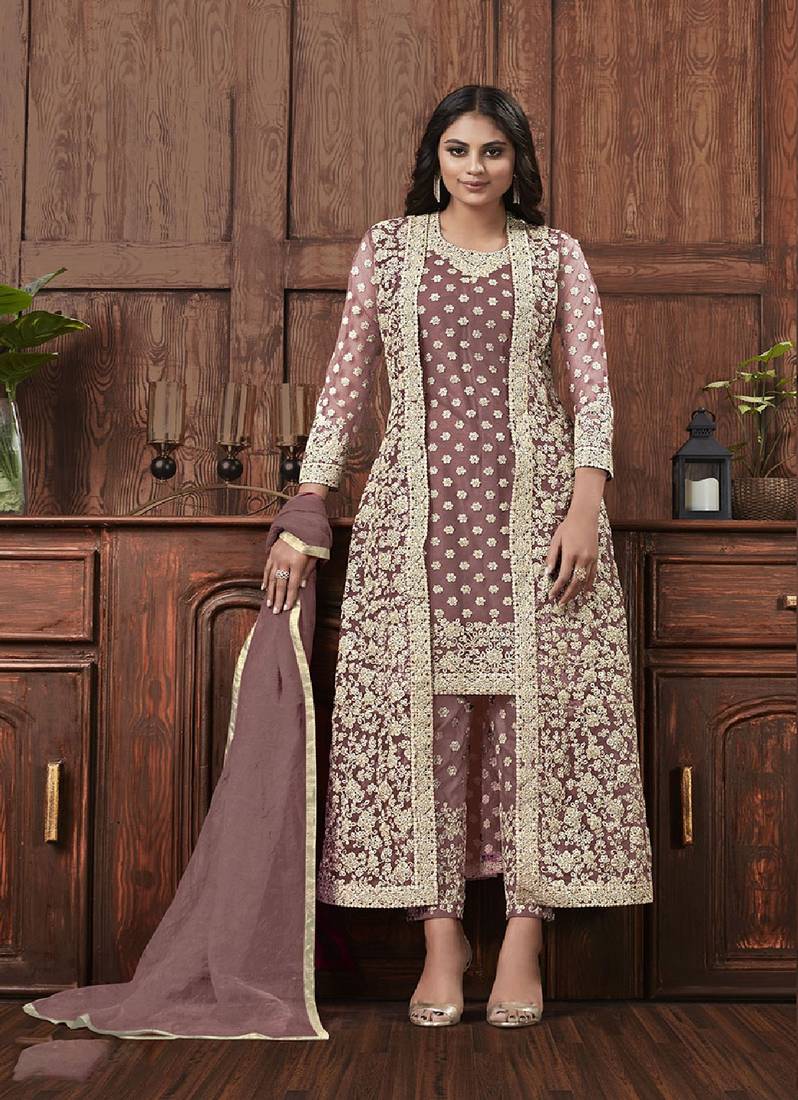 Mauve Color Net Embroidered Trendy Salwar Kameez