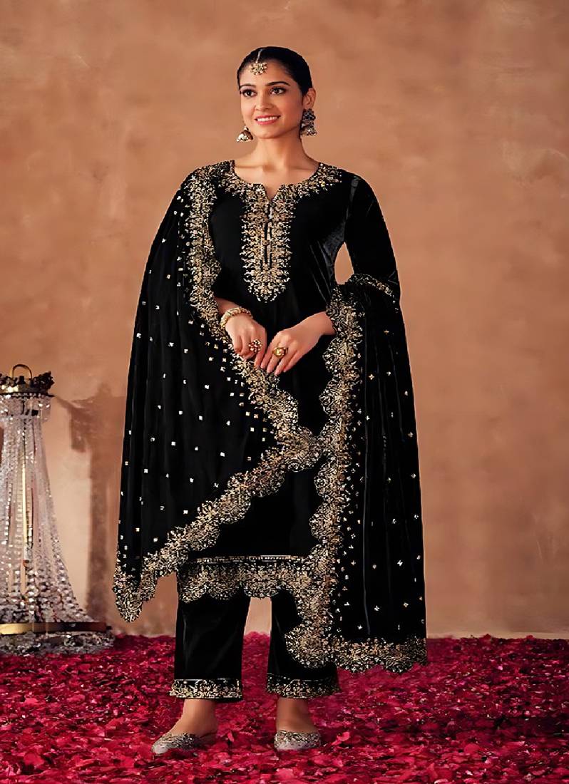 Black Embroidered Viscos Velvet Salwar Suit Hirpara House 4169627