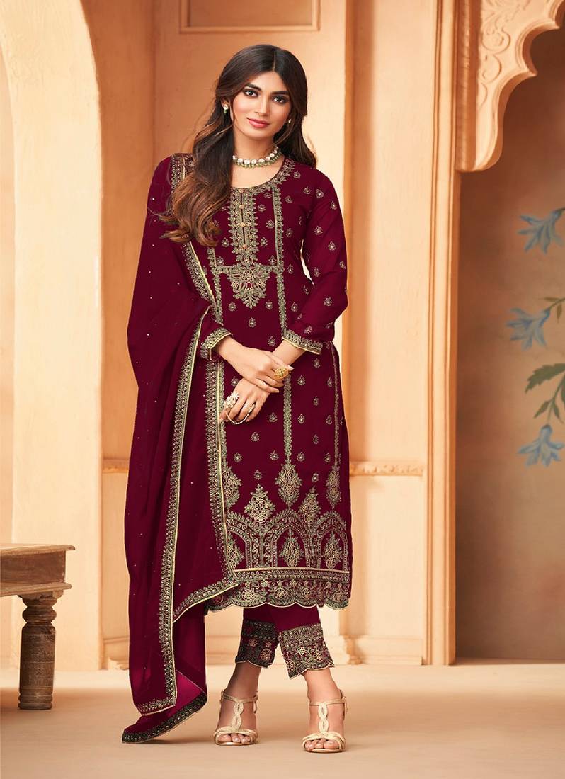 Maroon Embroidered Heavy Georgette Semi Stitched Designer Salwar Kameez