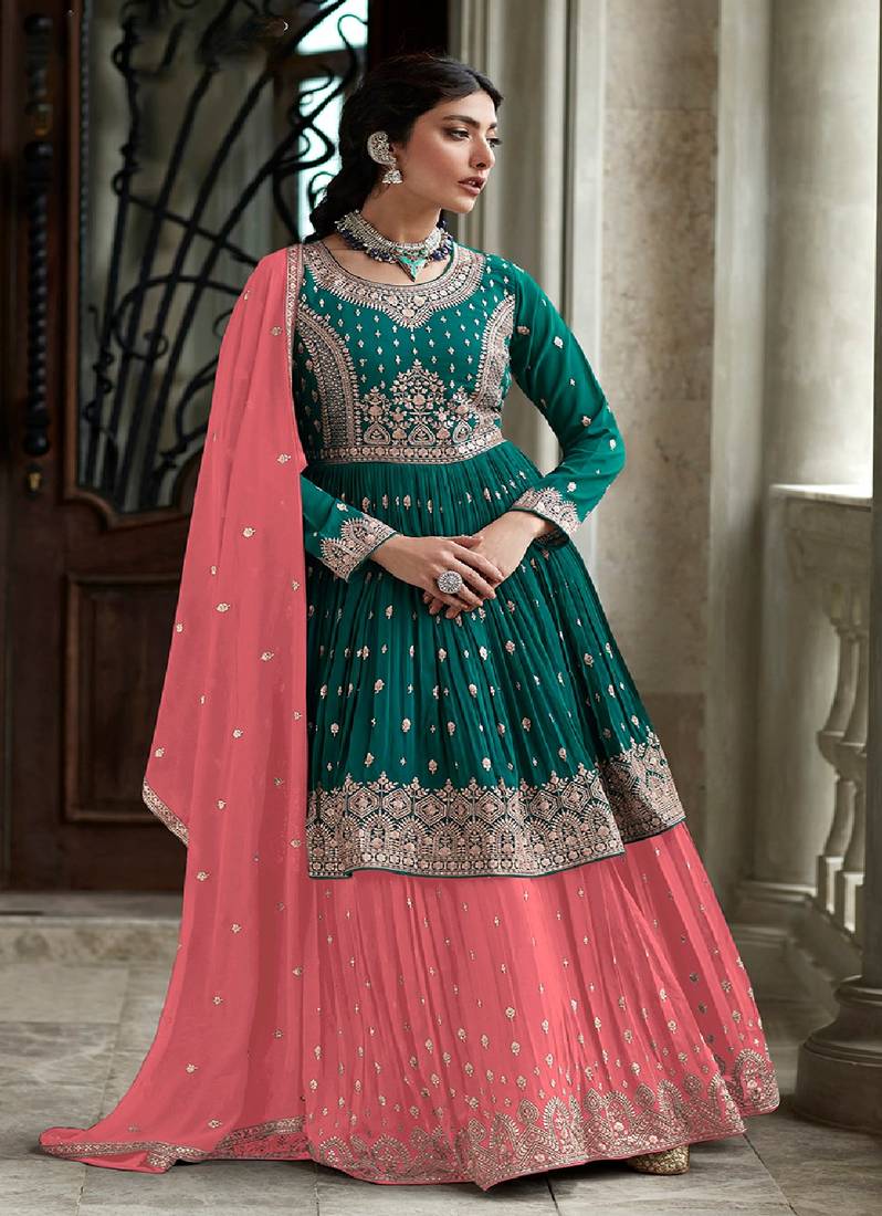 Teal Blue Peach Color Ceremonial Anarkali Suit Hirpara House