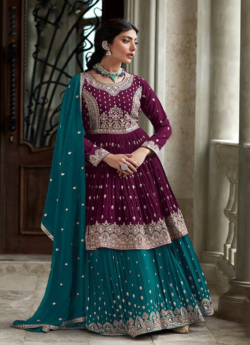 Wine & Dark Teal Color Ceremonial Anarkali Suit