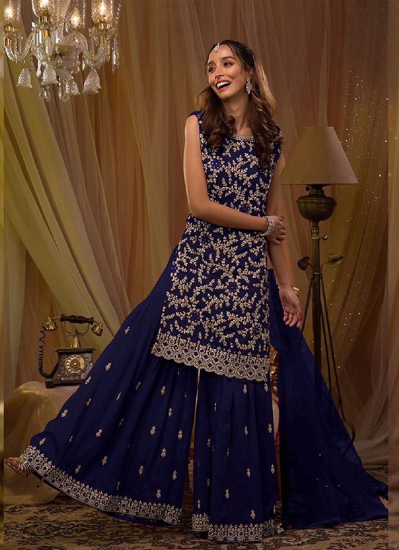 Navy Blue Embroidered Georgette Semi Sititched Ethnic Suit