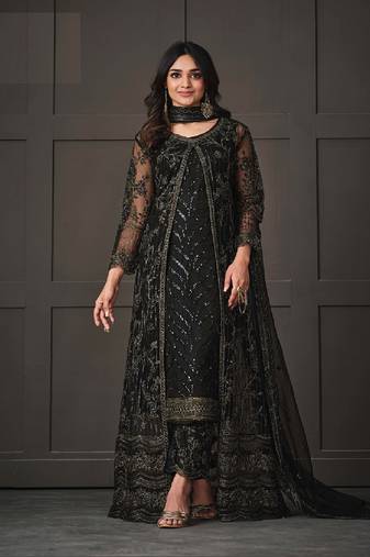 Black Embroidered Butterfly Net Ethnic Suit
