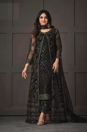 Black Embroidered Butterfly Net Ethnic Suit