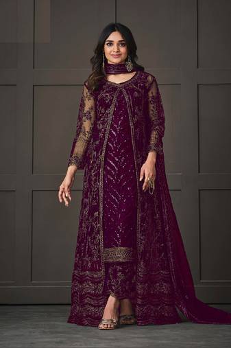 Dark wine Embroidered Butterfly Net Ethnic Suit