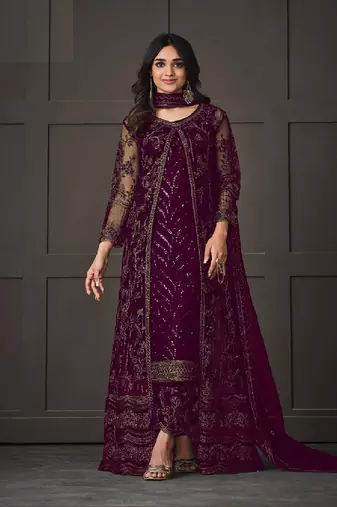 Dark wine Embroidered Butterfly Net Ethnic Suit