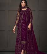 Dark wine Embroidered Butterfly Net Ethnic Suit