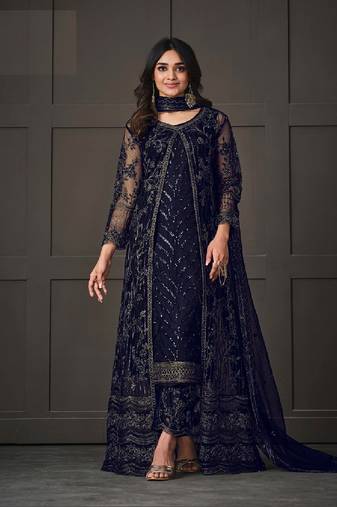 Dark Blue Embroidered Butterfly Net Ethnic Suit