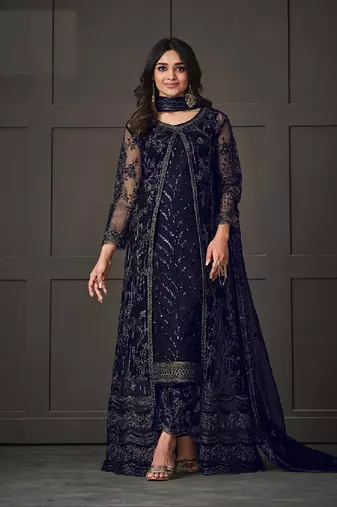 Dark Blue Embroidered Butterfly Net Ethnic Suit