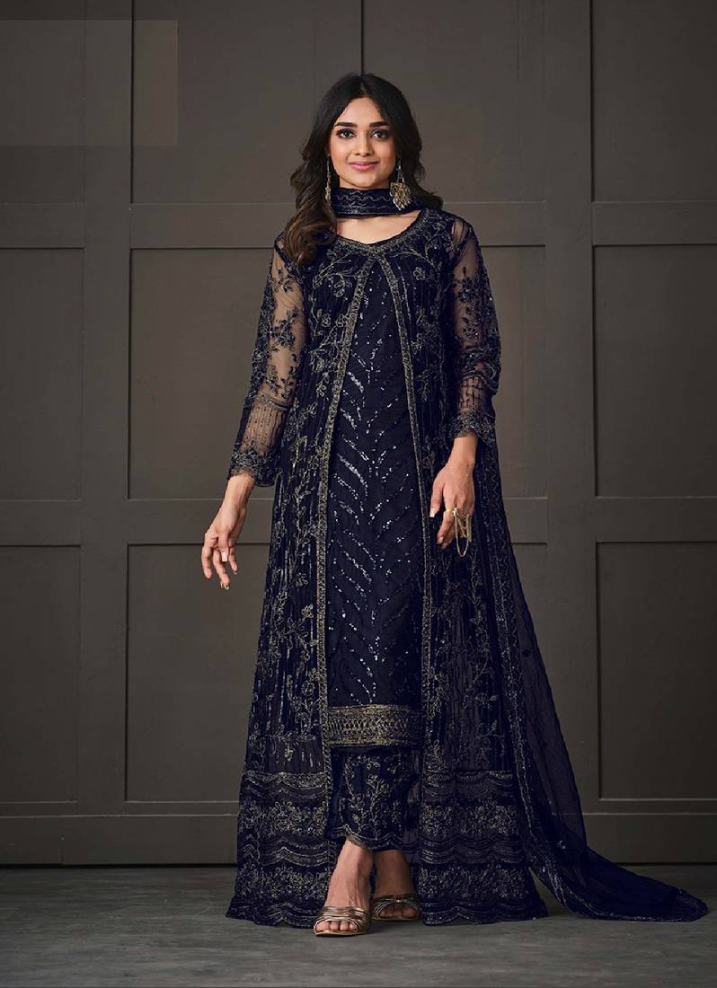 Dark Blue Embroidered Butterfly Net Ethnic Suit