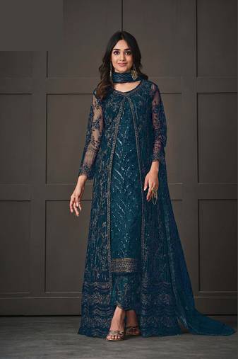 Dark Green Embroidered Butterfly Net Ethnic Suit