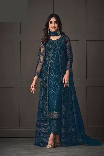 Dark Green Embroidered Butterfly Net Ethnic Suit