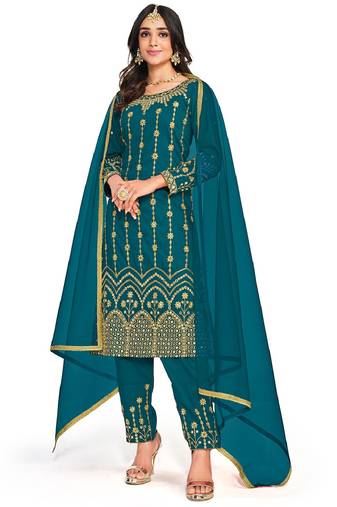 Firozi Colour Heavy Embroidered Salwaar Kameez With Real Mirror Work