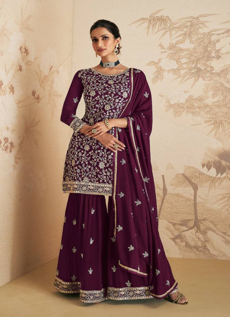 Ethnic Zari Work Purple Colour Sharara Suit For Wedding Season