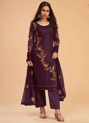 Ethnic And Stylish Wine Colour Resham And Sequins Work Partywear Salwaar Kameez 1
