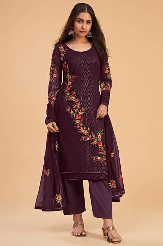Ethnic And Stylish Wine Colour Resham And Sequins Work Partywear Salwaar Kameez