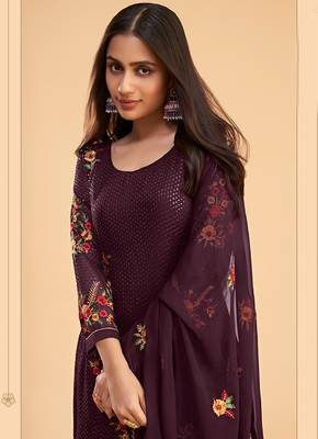 Ethnic And Stylish Wine Colour Resham And Sequins Work Partywear Salwaar Kameez 2
