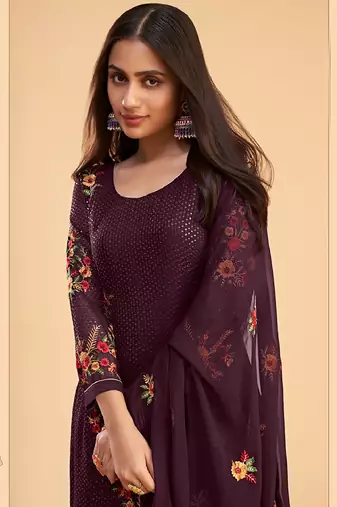Ethnic And Stylish Wine Colour Resham And Sequins Work Partywear Salwaar Kameez