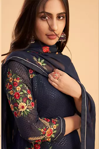 Ethnic And Stylish Blue Colour Resham And Sequins Work Partywear Salwaar Kameez