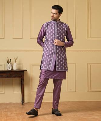 Purple embroidered nehru jacket set 1